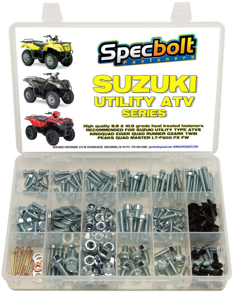 250pc Specbolt Suzuki Utility ATV Bolt Kit for Maintenance & Restoration OEM Spec Fasteners King Quad Runner Master KingQuad Eiger Vinson Ozark Twin Peaks LT-F500 4x4 FX FW 750 700 500 450 400 300 250